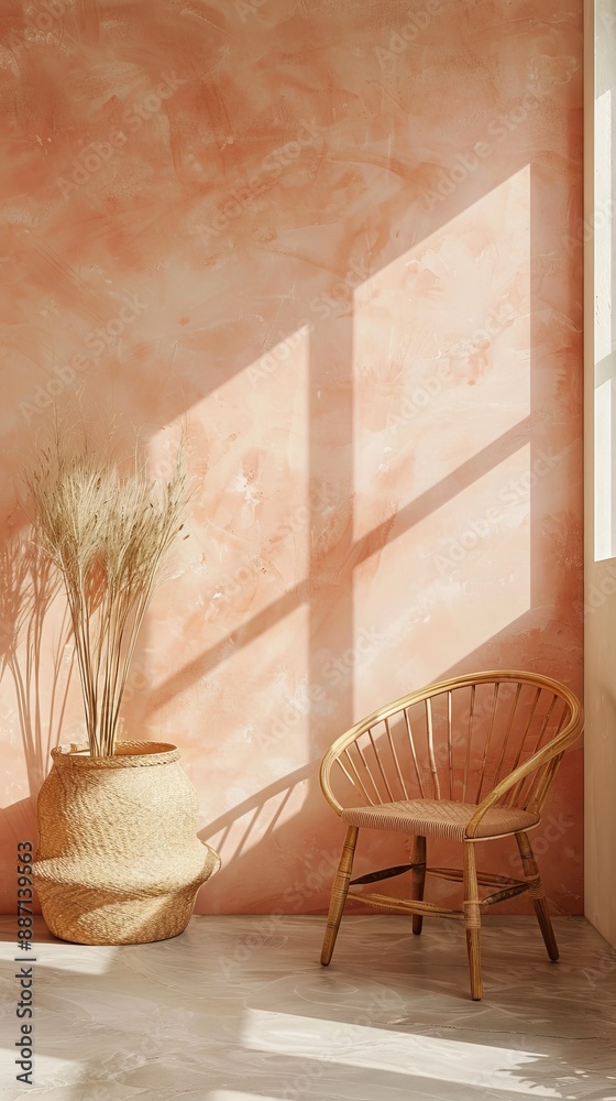 Cozy sunlight filled room, wicker chair, decorative wall, minimalist boho style interior, peaceful home, stylish solitude, warm sunlight concept Cozy sunlight filled room, wicker chair, decorative wall, minimalist boho style interior, peaceful home, stylish solitude, warm sunlight concept
