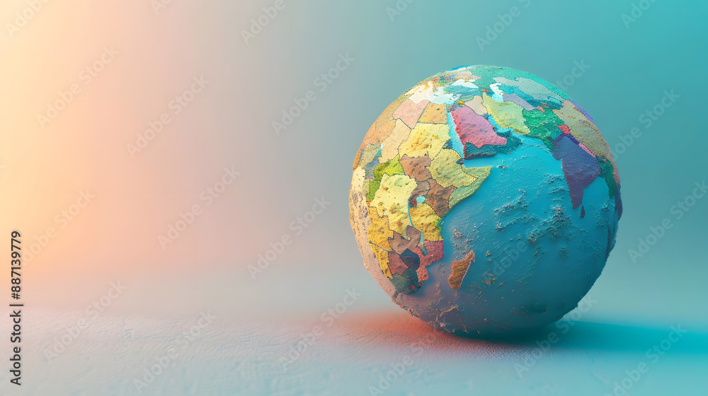 Realistic 3D rendering of a textured globe with colorful continents in a minimalistic background Realistic 3D rendering of a textured globe with colorful continents in a minimalistic background