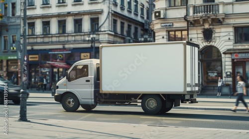 WHITE TRUCK WITH SPACE FOR ADVERTISING DRIVING ON THE STREET