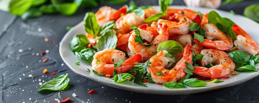 Freshly prepared prawn salad with colorful vegetables. Freshly prepared prawn salad with colorful vegetables.