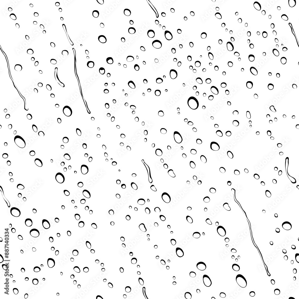 Black and white graphic seamless pattern background of water drops on glass. Vector illustration.