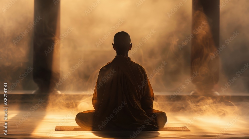 Meditating monk in a holy temple finding inner peace and clear state of mine, with copy space Meditating monk in a holy temple finding inner peace and clear state of mine, with copy space