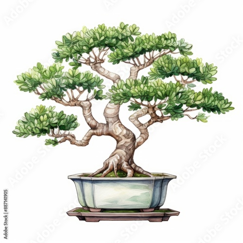 A watercolor painting of a bonsai tree in a pot, on a white background