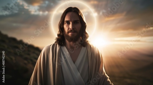 A man with a beard and long hair is standing in front of a sun, Jesus Christ