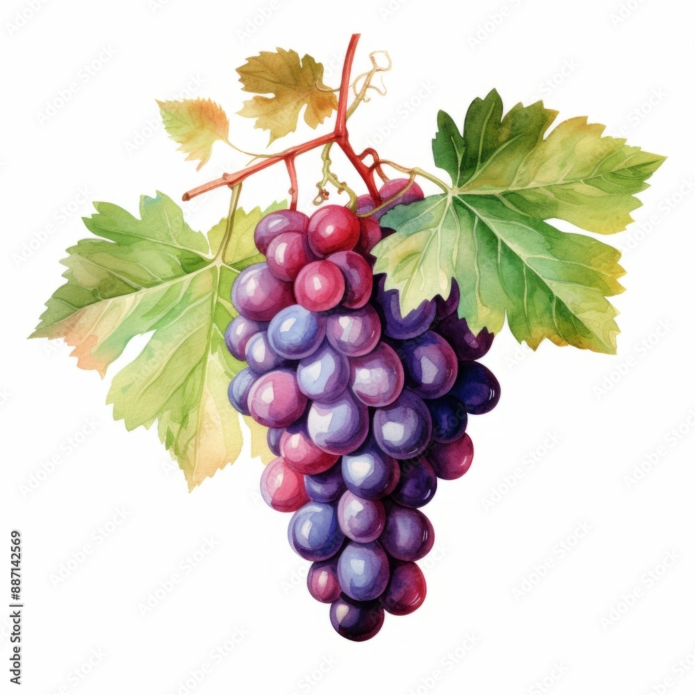 Obraz premium A watercolor painting depicts a cluster of grapes hanging from a vine with green leaves