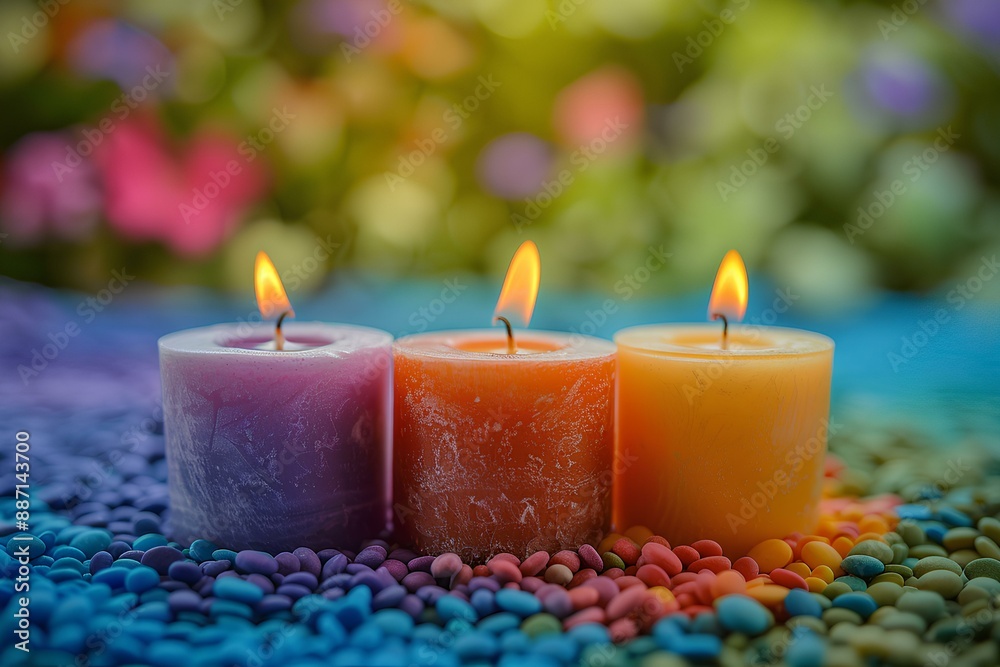 Three candles sitting next to each other on a table
