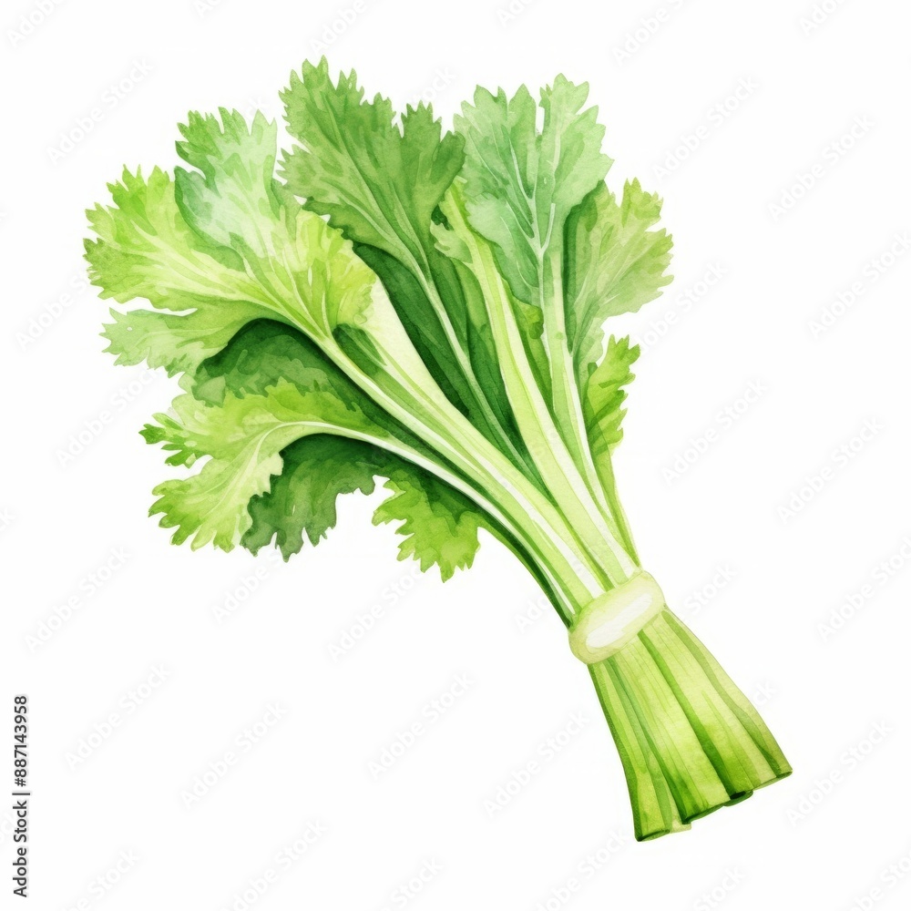 A watercolor painting of a bunch of cilantro, featuring vibrant green leaves and stems A watercolor painting of a bunch of cilantro, featuring vibrant green leaves and stems
