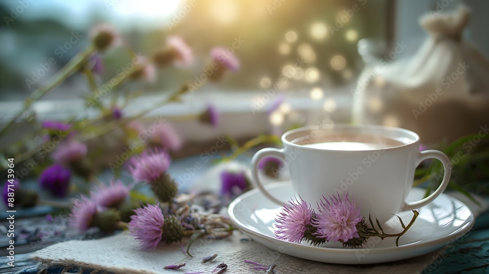 4. A soothing herbal tea scene featuring milk thistle extract and fresh milk thistle flowers, set in a tranquil environment 4. A soothing herbal tea scene featuring milk thistle extract and fresh milk thistle flowers, set in a tranquil environment