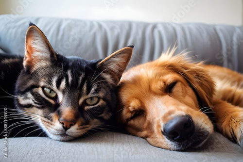 Dog and cat sleeping on the couch