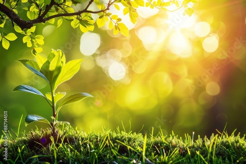 Young plant growing in lush green grass under a tree branch with sunlight shining through leaves