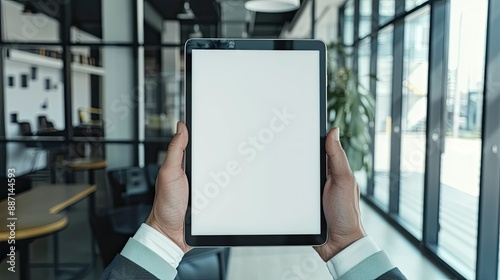 Business executive showcasing mockup iPad digital tablet with blank screen in contemporary office space. Customizable design display.