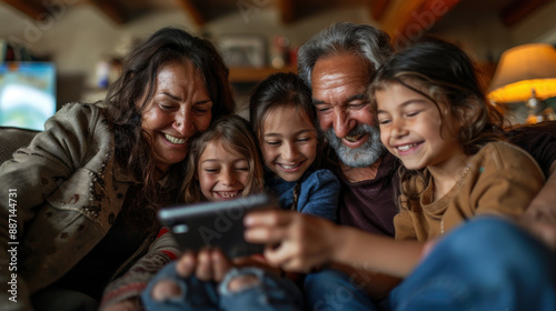 A family of six, including grandparents and children, sharing a happy moment while looking at a smartphone.