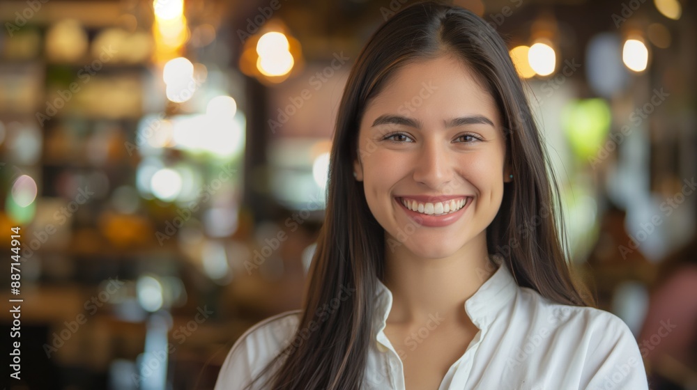 Obraz premium Smiling Young Hispanic Woman in a Casual Setting, Perfect for Lifestyle and Professional Use
