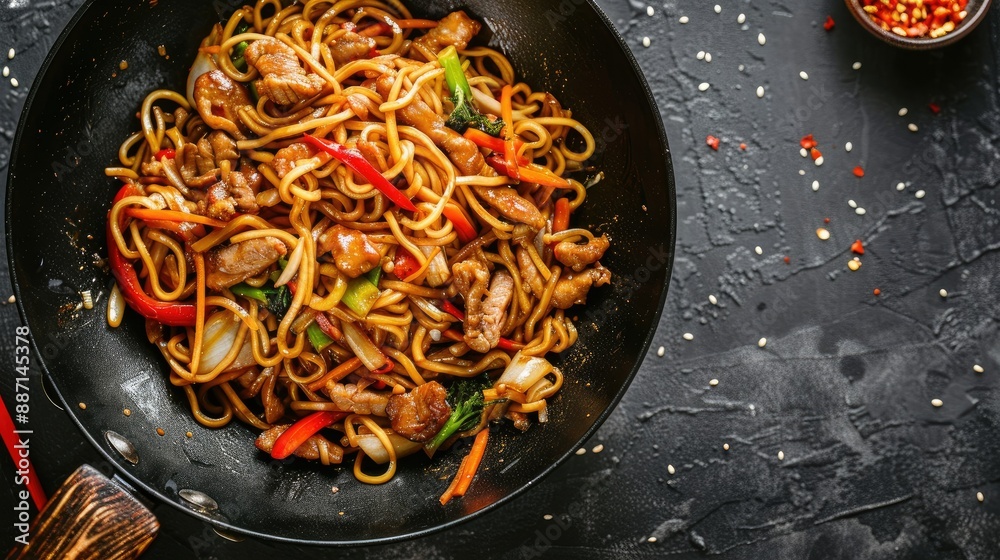 Close-up of savory stir-fry noodles with meat and veggies in a wok on grey textured table, top view. Perfect for Asian culinary themes Close-up of savory stir-fry noodles with meat and veggies in a wok on grey textured table, top view. Perfect for Asian culinary themes
