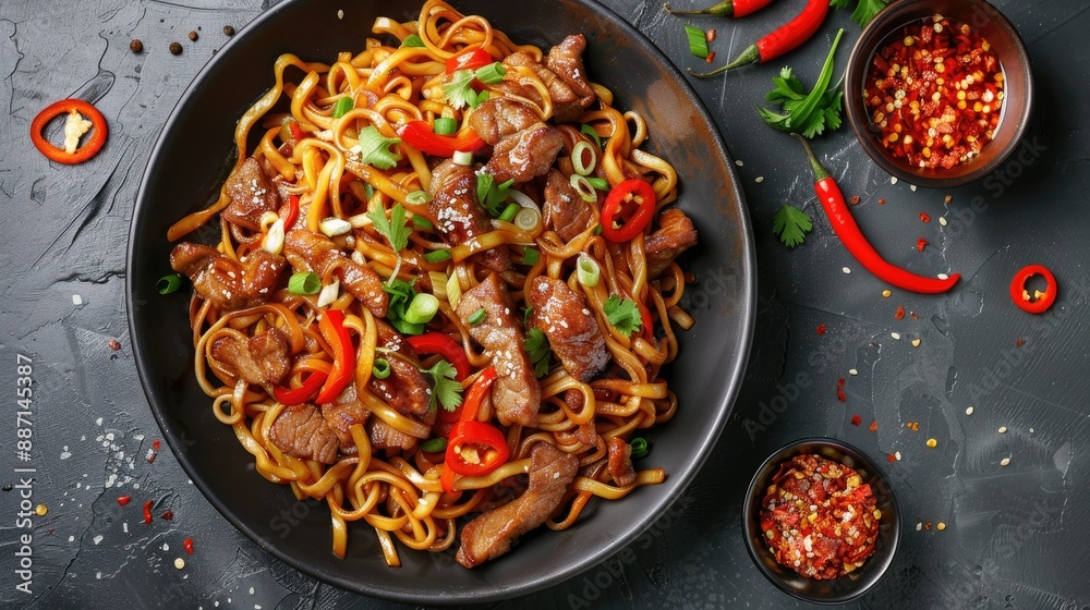 Close-up of savory stir-fry noodles with meat and veggies in a wok on grey textured table, top view. Authentic Asian food experience.