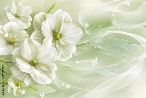 Illustration of white flowers with green centers and leaves on a light green abstract background