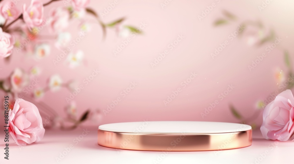 A white and gold podium with pink flowers in the background