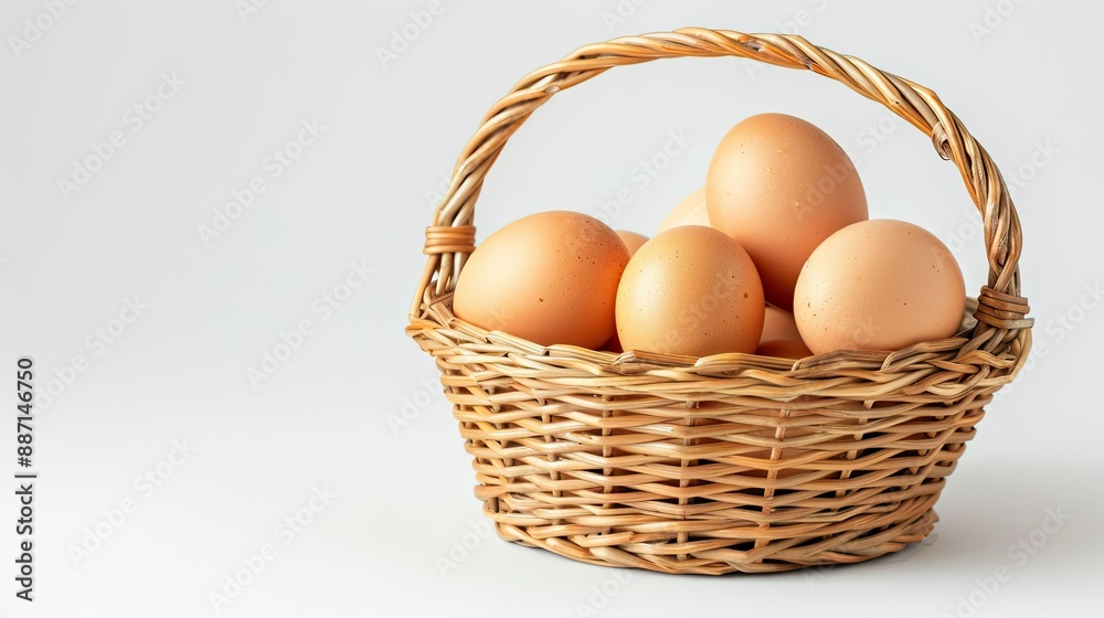 Fresh chicken eggs in a wicker bamboo basket, white background, perfect for food and nutrition advertising Fresh chicken eggs in a wicker bamboo basket, white background, perfect for food and nutrition advertising