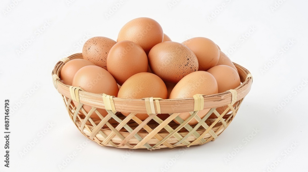 Fresh chicken eggs in bamboo basket, isolated on white, food and nutrition ads, ample copy space Fresh chicken eggs in bamboo basket, isolated on white, food and nutrition ads, ample copy space