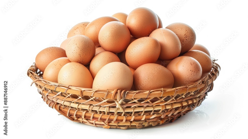 Fresh chicken eggs stacked in wicker bamboo basket, isolated on white background, food and nutrition advertising Fresh chicken eggs stacked in wicker bamboo basket, isolated on white background, food and nutrition advertising