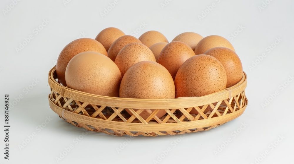 Fresh chicken eggs stacked in wicker bamboo basket, white background, perfect for food and nutrition ads, ample copy space Fresh chicken eggs stacked in wicker bamboo basket, white background, perfect for food and nutrition ads, ample copy space