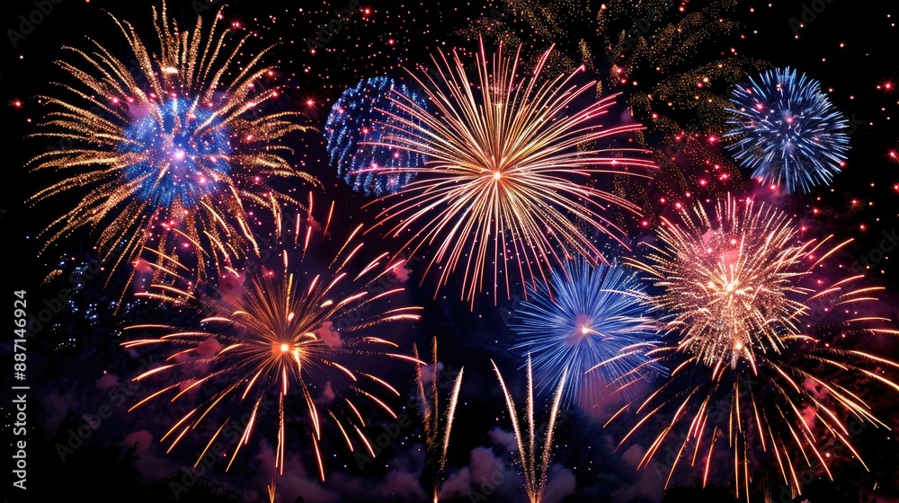 Naklejka premium Vibrant fireworks for New Year in the night sky