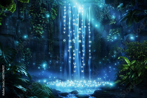 An ethereal waterfall cascading from the sky, each drop a glowing letter, forming a pool of luminescent words, surrounded by lush greenery glowing softly