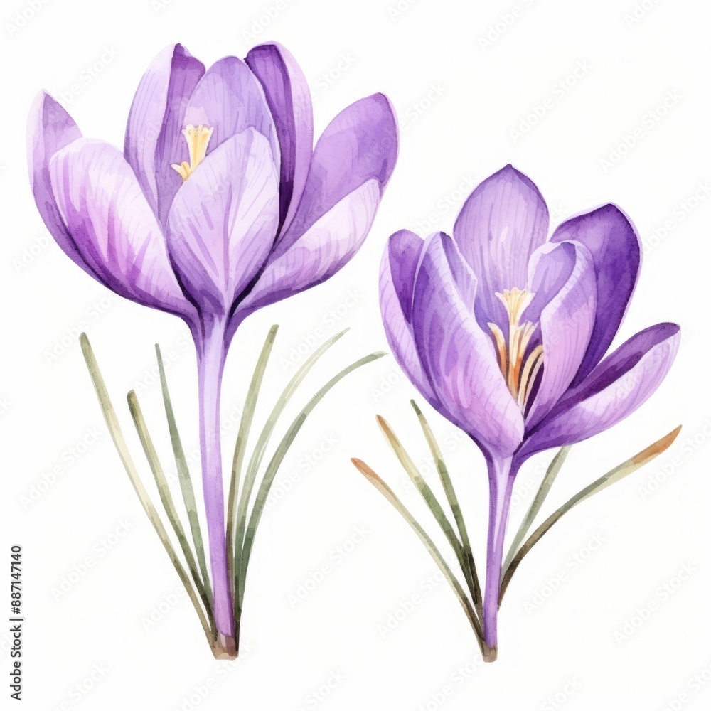 Two purple crocuses with yellow centers bloom in a watercolor illustration on a white background, showcasing their graceful petals in full bloom