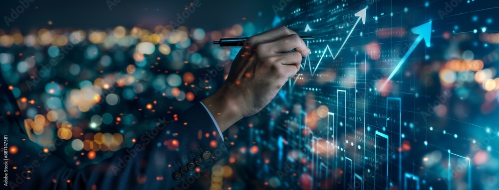 Fototapeta premium A businessman drawing upward arrows on a virtual screen, illustrating growth and progress in a vibrant, illuminated cityscape background.