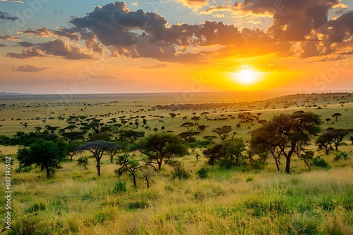 An expansive savanna, acacia trees dotting the landscape, wildlife in the distance, a dramatic sunset