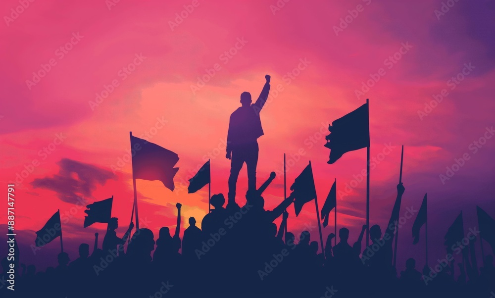 Naklejka premium A silhouette of a crowd with flags and a person raising their fist against a vibrant sunset sky.