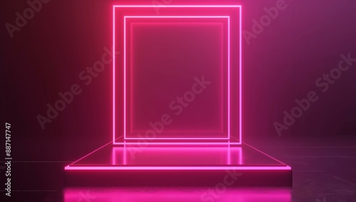 A digital 3D render featuring an empty square podium platform highlighted by pink neon light, creating a futuristic and vibrant ambiance.