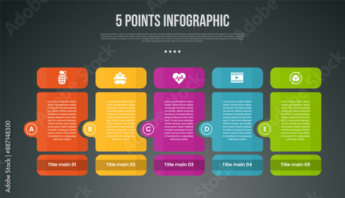 5 points or step process infographic with creative table shape with linked shape box with modern dark style for slide presentation