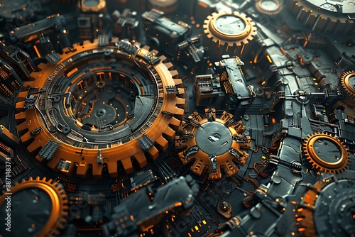 An intricate clockwork of gears and cogs transforming into a sprawling digital network, representing the mechanization of thought processes. Industrial background with metallic textures. High-detail s © Asaad