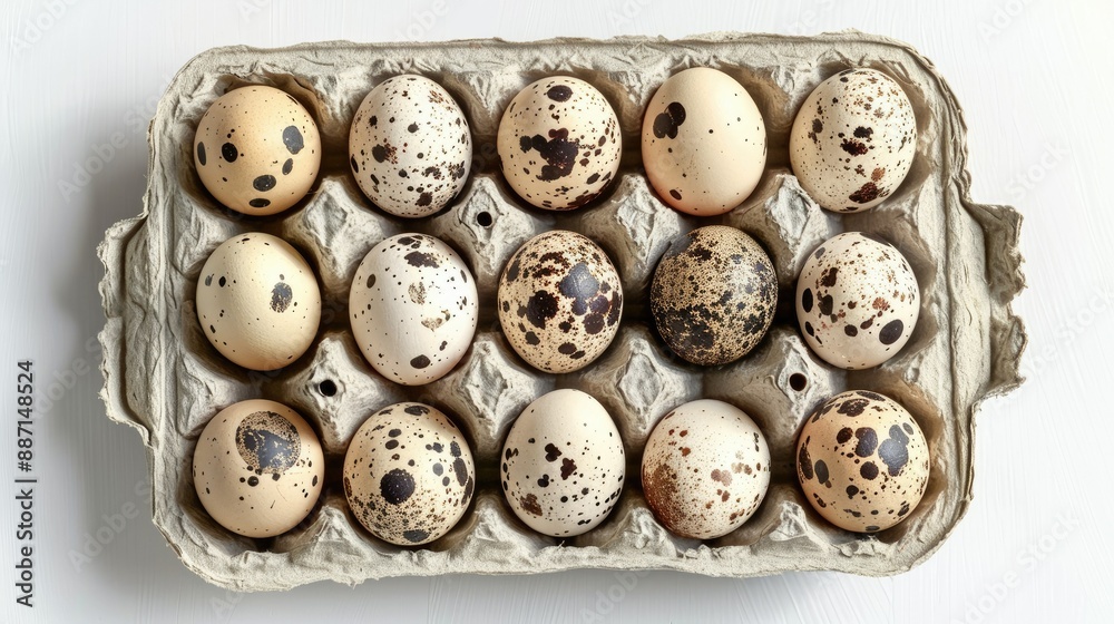Speckled quail eggs in a carton, isolated on white background, top view Speckled quail eggs in a carton, isolated on white background, top view