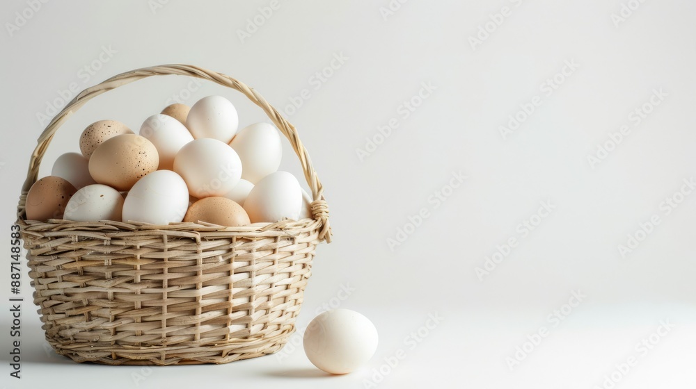 Stack of chicken eggs in wicker bamboo basket, white background, food and nutrition advertising, ample copy space Stack of chicken eggs in wicker bamboo basket, white background, food and nutrition advertising, ample copy space