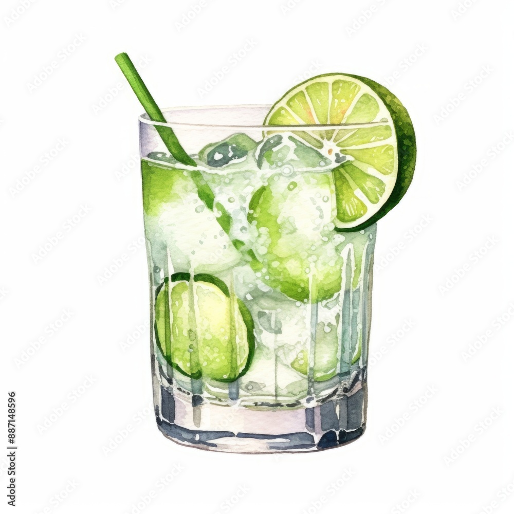 A refreshing drink with cucumber and lime garnishes A refreshing drink with cucumber and lime garnishes