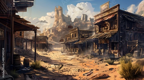 Adusty road in the Wild West, leading to a saloon. © Muhammad