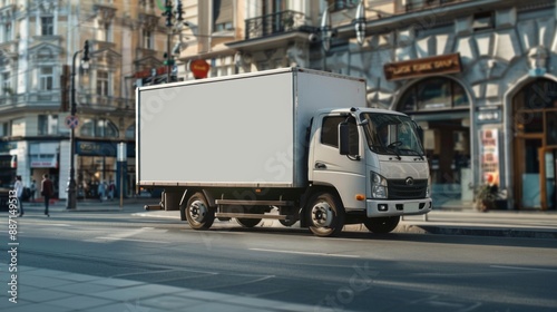WHITE TRUCK WITH SPACE FOR ADVERTISING DRIVING ON THE STREET