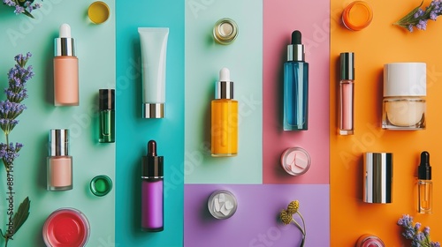 Cosmetic products displayed against a vibrant background Top down perspective