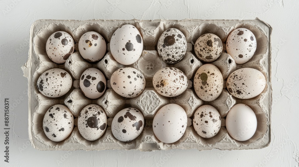 Top view of quail eggs in a carton, speckled shells, arranged neatly Top view of quail eggs in a carton, speckled shells, arranged neatly