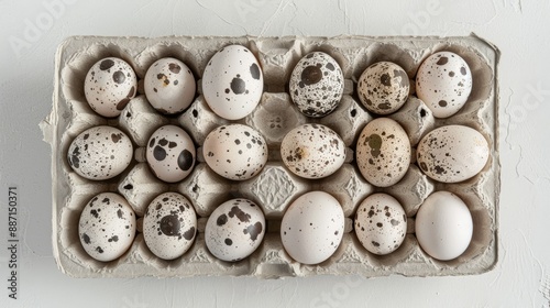 Top view of quail eggs in a carton, speckled shells, arranged neatly