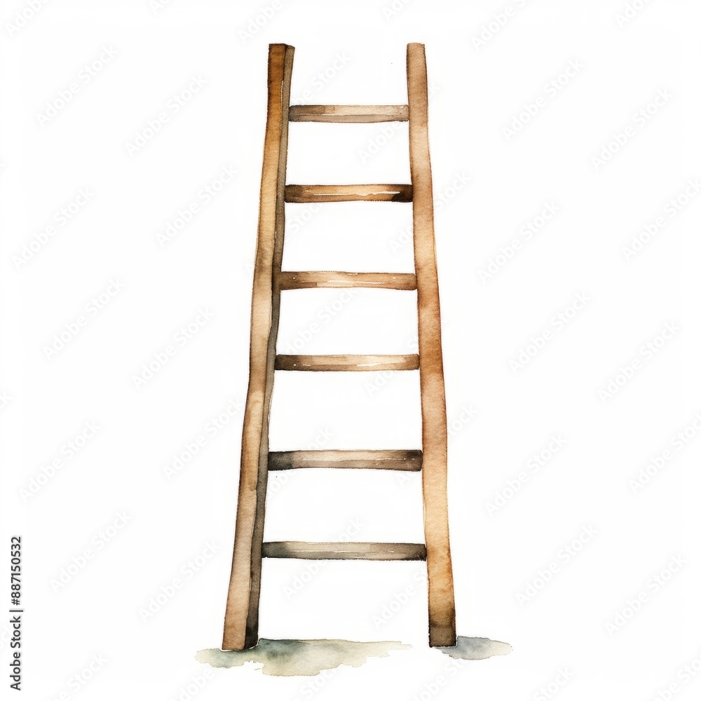 A wooden ladder stands upright against a white background A wooden ladder stands upright against a white background