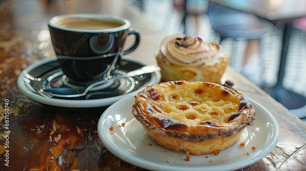 Traditional Portuguese pastel de nata and coffee, classic dessert combination Traditional Portuguese pastel de nata and coffee, classic dessert combination
