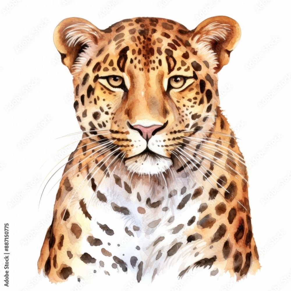 Obraz premium A close-up of a leopard's head, painted in watercolor against a white background. The leopard's eyes are wide open and its fur is detailed with dark spots