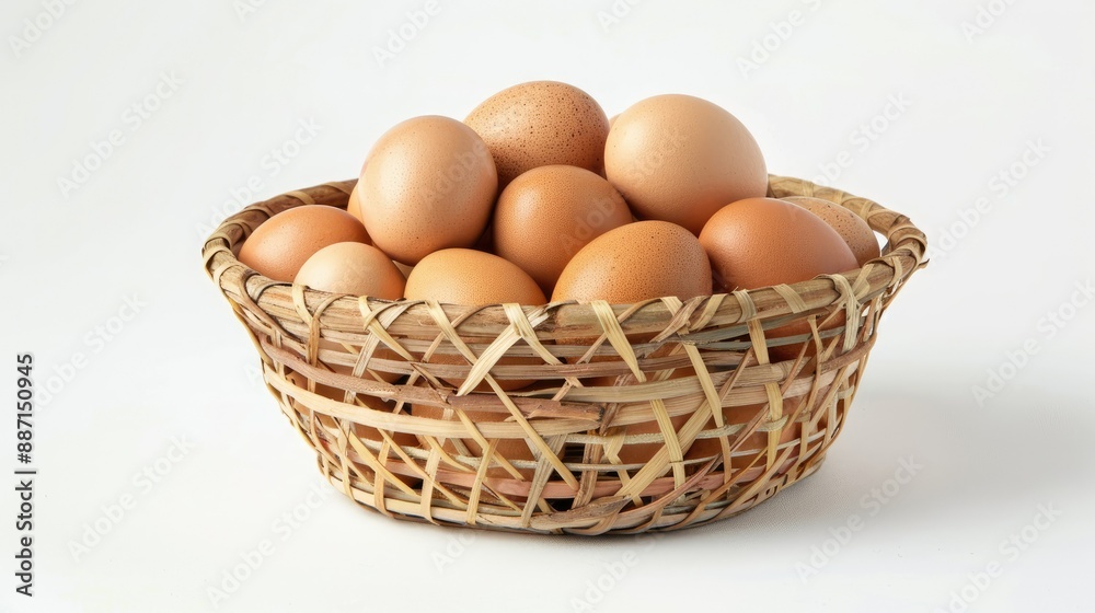 Wicker bamboo basket filled with fresh chicken eggs, white background, food and nutrition ads, ample copy space Wicker bamboo basket filled with fresh chicken eggs, white background, food and nutrition ads, ample copy space