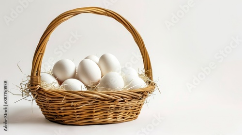 Wicker bamboo basket filled with fresh chicken eggs, white background, ample copy space for food and nutrition ads