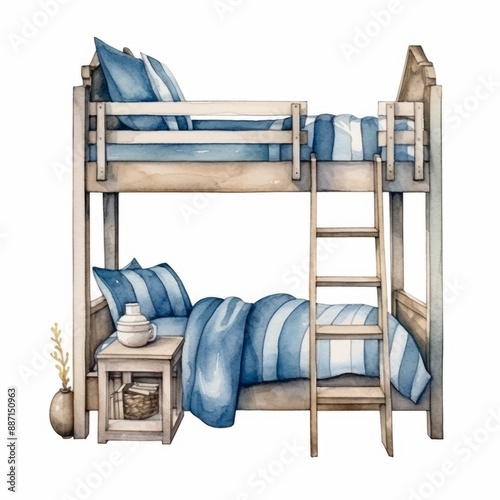 A watercolor painting of a wooden bunk bed with blue striped bedding and a small bedside table photo