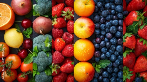 Assorted fruits and vegetables on a black background. Organic Vegan Food: Fresh vegetables and fruits are good for your health