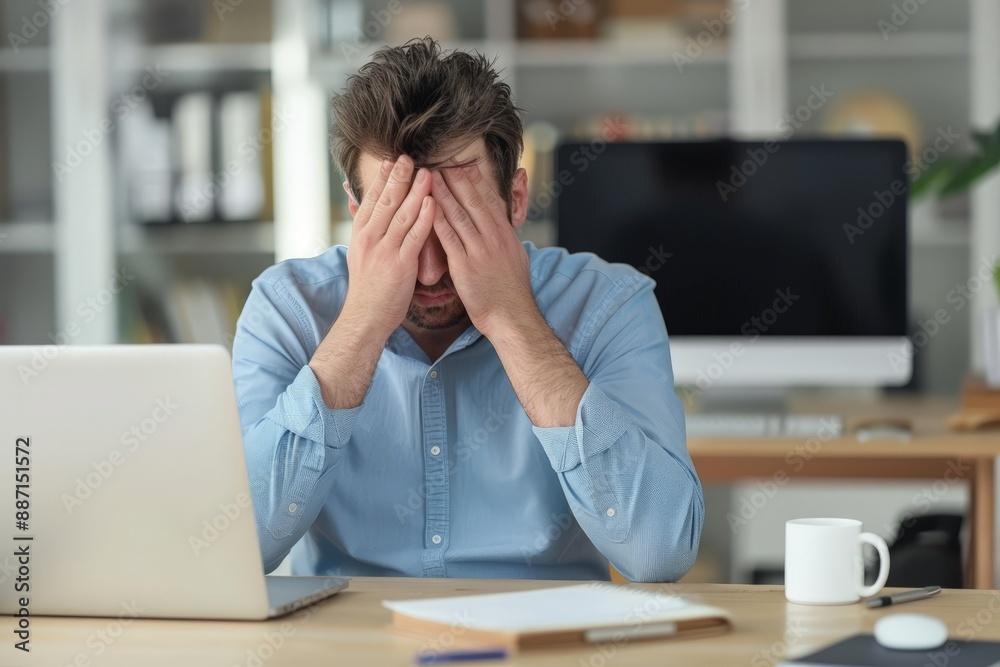 Hands covering his face, he struggles with frustration. Hands covering his face, he struggles with frustration.
